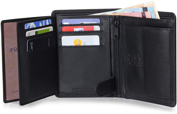 Frentree Men's Trifold Nappa Leather Wallet, 15 Card Slots, RFID Protection, Portrait Format, Black