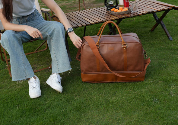 BAOSHA Leather Duffel Bag, Weekend Travel Bag With Shoe Compartment