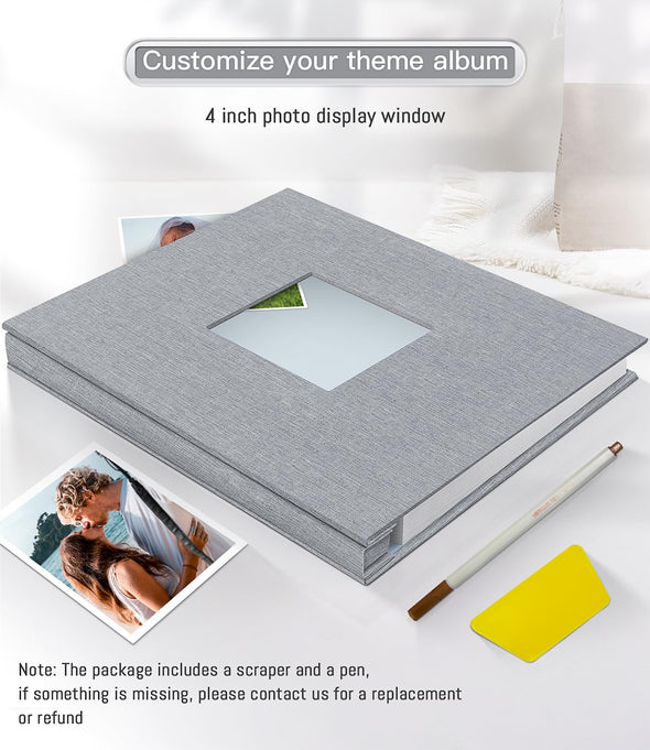 Popotop Linen Cover Photo Album with Picture Display Window, Scraper & Metallic Pen