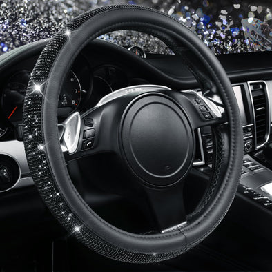 CAR PASS Rhinestones Leather Steering Wheel Cover for Women, Universal Fit 15" Car Steering Wheel - Black