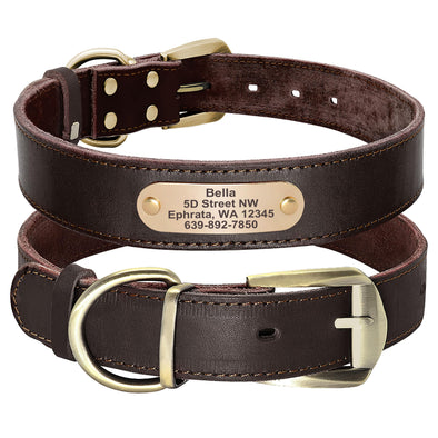 Didog Personalized Genuine Leather Dog Collars with Engraved Nameplate for Medium Large Dogs, L-Brown