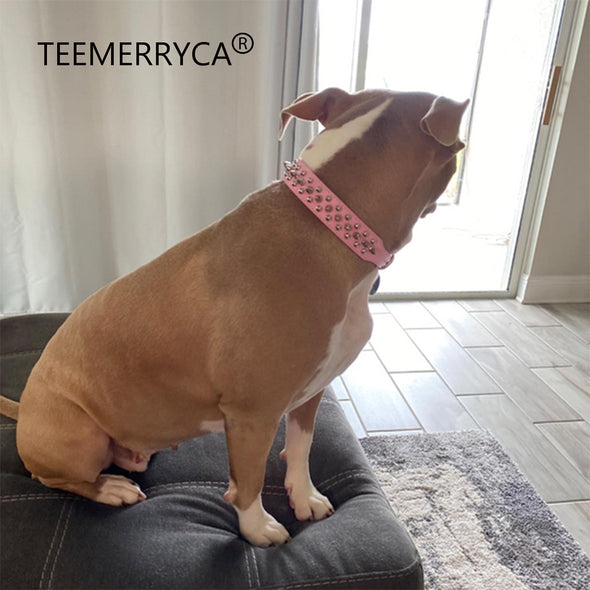 TEEMERRYCA Adjustable Leather Spiked Studded Dog Collars with Squeak Ball, Pink-L,15"-18.5"