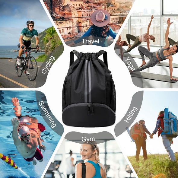 Hoedia Sports Drawstring Backpack,  Swim Gym Bag with Shoes Compartment & Wet Proof Pocket