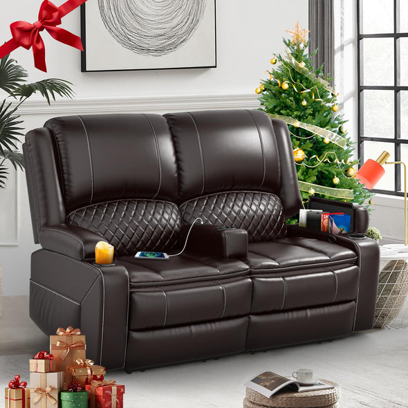 Yolsali Loveseat Recliner Sofa, Manual Reclining Loveseat with Removable Armrest, Faux Leather Recliner Loveseat for Adults with 2-Tier Cushions, USB Charging Ports, Cup Holders - Brown