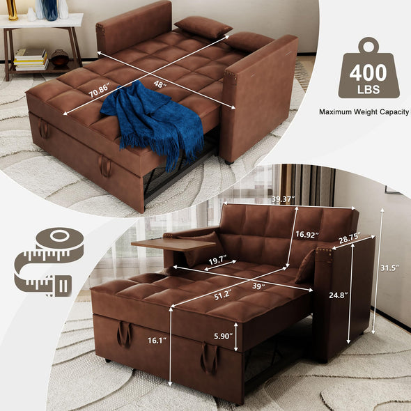 ORRD Convertible Sofa Bed, 3-in-1 Multi-Functional Faux Leather Sleeper Couch Pull-Out Bed, 48'' Loveseat Bed Chaise Lounge with Adjustable Backrest and Hidden Side Table for Living Room, Small Space