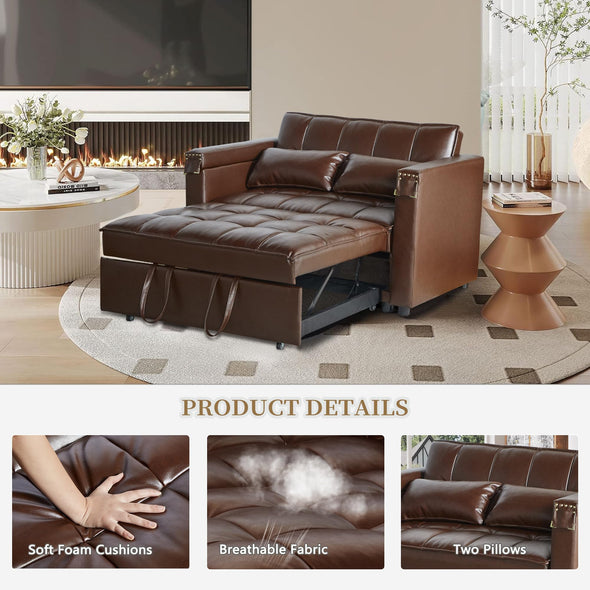 ORRD Convertible Sofa Bed, 3-in-1 Multi-Functional Faux Leather Sleeper Couch Pull-Out Bed, 48'' Loveseat Bed Chaise Lounge with Adjustable Backrest and Hidden Side Table for Living Room, Small Space