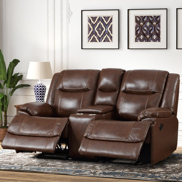 EBELLO Genuine Leather Manual Loveseat Recliner, Reclining Sofa Chair with Cup Holder, Hidden Storage, Couch Set for Living Room, Bedroom Furniture,Meeting Room, Brown (Loveseat)