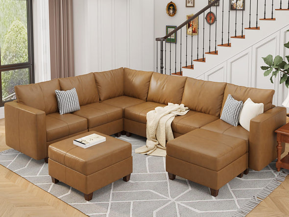 EASE MOOSE Modular Sectional Sofa with Storage, U Shaped Sectional Faux Leather Sectional Couch Large Sectional Sofa, Brown