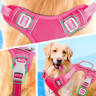 BARKBAY No Pull Reflective Dog Harness with Front Clip Easy Control Handle & ID tag Pocketfor -Pink,L