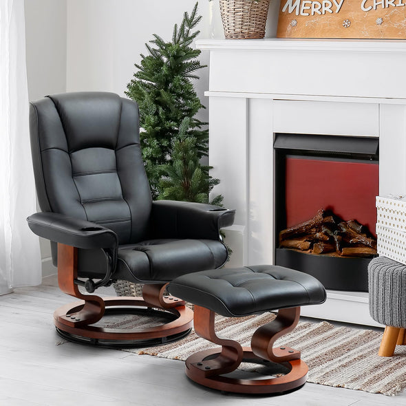 AVAWING Adjustable Recliner Chair with Ottoman & Footrest, 360° Swivel PU Leather Reclining Chair Black