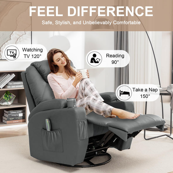 Korser Manual Swivel Recliner Chair with Massage and Heat, Remote Control and Cup Holder