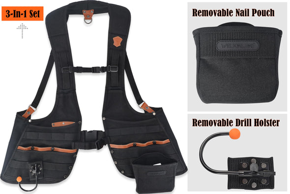 WELKINLAND Adjustable Leather tool vest for Carpenters construction worker & Electrician.