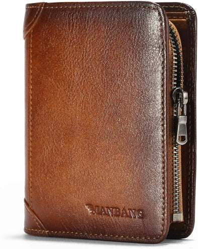 Mens Wallet Zipper Genuine Leather RFID Card Holders Cowhide Zip Coin Pocket Bifold Wallets for Men