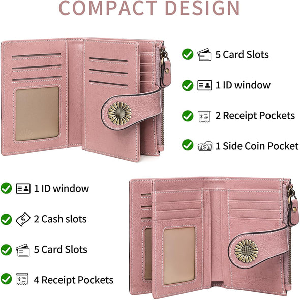 Small Womens Wallet Leather Bifold Card Holder RFID Blocking with Zipper Coin Pocket