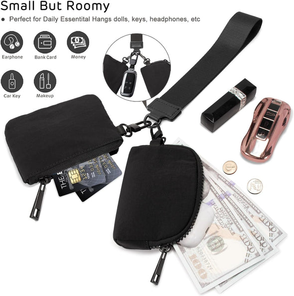 Mini Zip around Keychain Wristlet Wallets Small Portable Dual Pounch Wristlet Detachable Coin Purse Pocket Gifts for Women Travel Sports Outdoors (Black+ Black)