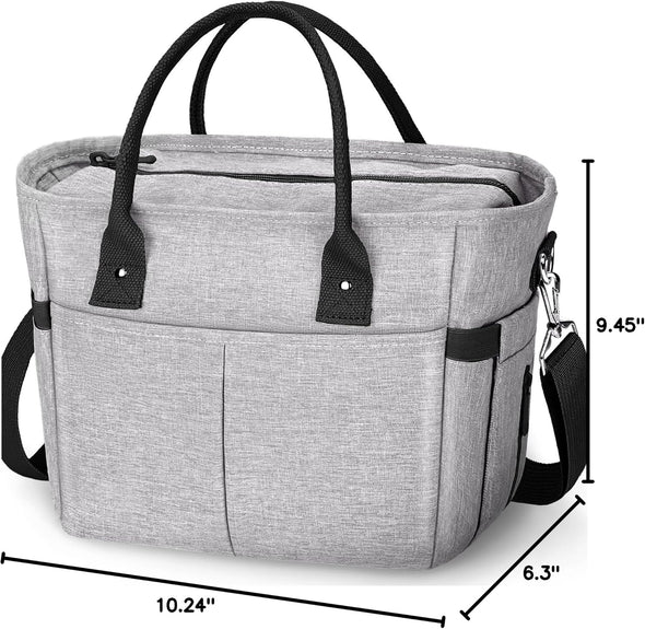 Cute & Roomy Lunch Box for Women – Adults Large Insulated Lunch Bag with Shoulder Strap, Multi-Pockets, and Water Bottle Holder for Work, Picnic, and Outdoors (Standar Size, Gray)