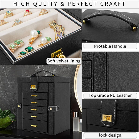 Jewelry Box Organizer Functional Leather Jewelry Storage Case for Women Girls Ring Necklace Earring Bracelet Holder Organizer with Mirror Black