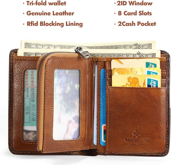 Mens Wallet Zipper Genuine Leather RFID Card Holders Cowhide Zip Coin Pocket Bifold Wallets for Men