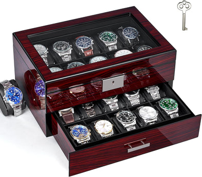 Watch Box 20 Slot Watch Cases for Men with Large Glass Lid 2-Tier Watch Display Case Lockable Wooden Watch Organizer Christmas Gift Luxurious Watch Holder for Women UJWB002Y