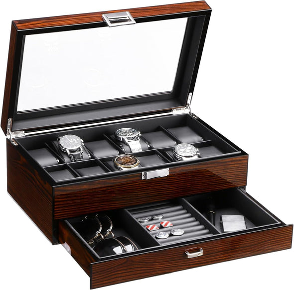 12 Watch Box with Valet Drawer, Luxury Watch Case,Watch Organizer for Mens Accessories with Real Glass Top,Metal Hinge, Brown SSH02Y