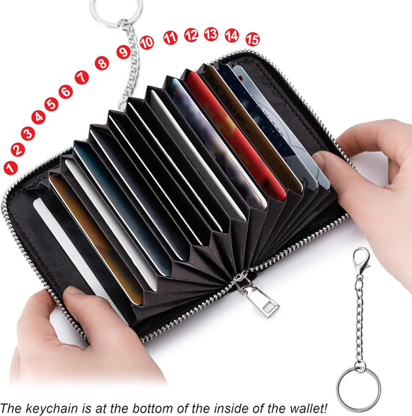 Credit Card Holder RFID Wallet,Women Small Card Wallet Leather Organizer Case,Pocket Business Card Case with Zipper & Keychain(Black)