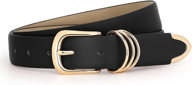 Women Leather Belt Gold Buckle Ladies Elegant Faux Leather Waist Belt for Jeans Pants