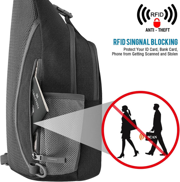 Sling Bag RFID Blocking Sling Backpack Crossbody Chest Bag Daypack for Hiking Travel(Black)