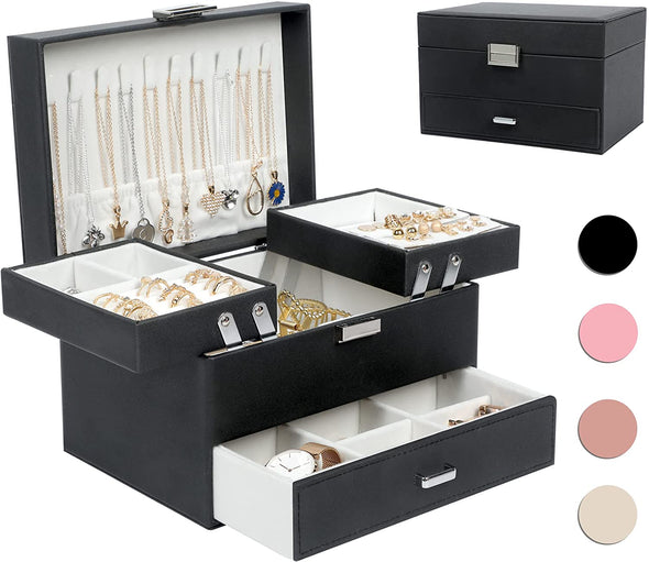 Jewelry Boxes for Women Girls, Jewelry Organizer Box, 3 Layers Jewelry Storage Organizer for Earring, Ring, Necklace, Bracelets (Black)