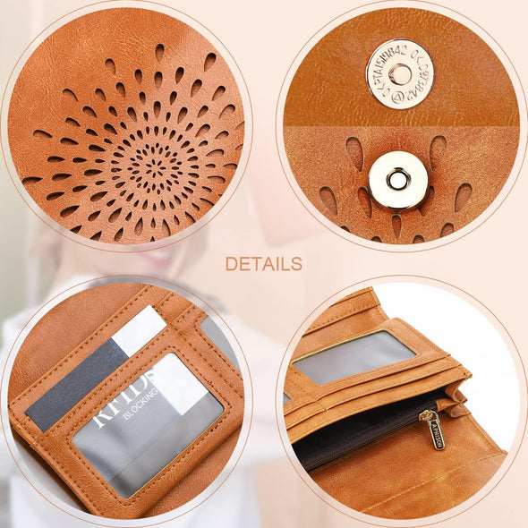 Womens Wallets RFID Blocking Leather Clutch Long Wallet for Women Card Holder Phone Organizer Ladies Travel Purse Hollow Out Sunflower Design Gift