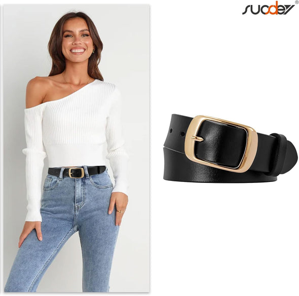 Fashion Womens Soft Leather Belt, Waist Belt for Jeans Pants, Black Belt with Gold Buckle,1.3" Width