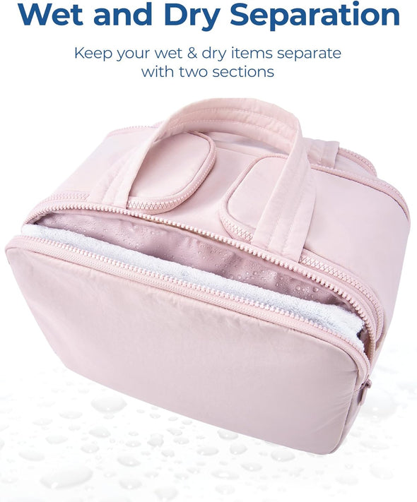 Travel Toiletry Bag, Lightweight Large Wide-Open Travel Bag for Women, Puffy Cosmetic Makeup Bag Organizer with Handle for Accessories,Essentials, Toiletries, Pink