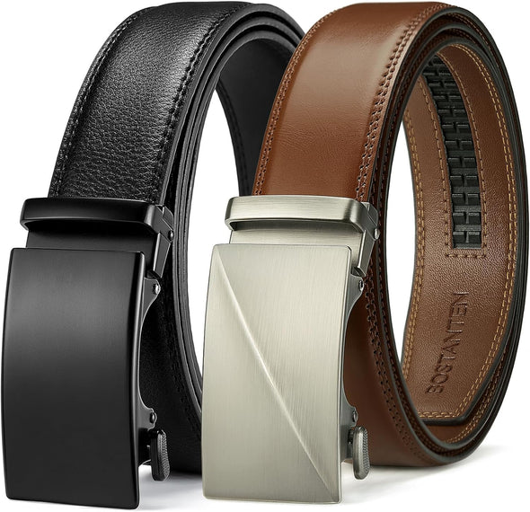 Mens Belt Leather 2 Pack Ratchet Belt for Men Dress and Casual with Adjustable Buckle, Trim to Fit