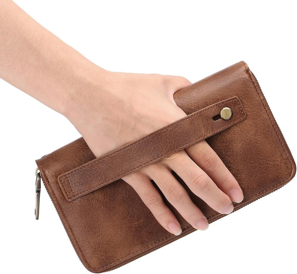 Wallet for Women Clutch RFID Blocking Leather Wristlet Purse Large Capacity Credit Card Holder with Grip Hand Strap