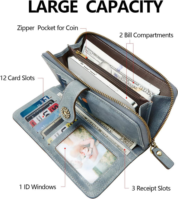 Wallet for Women RFID Blocking Leather Large Capacity Card Holder Ladies Phone Clutch Travel Long Purse Wristlet