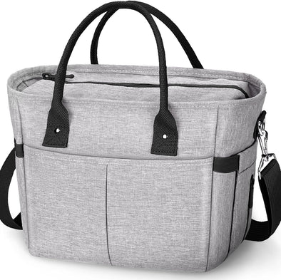 Cute & Roomy Lunch Box for Women – Adults Large Insulated Lunch Bag with Shoulder Strap, Multi-Pockets, and Water Bottle Holder for Work, Picnic, and Outdoors (Standar Size, Gray)