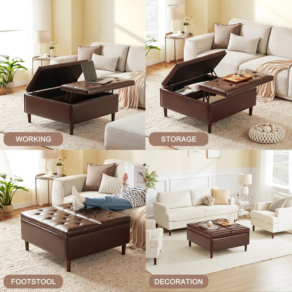 Weture 35 Inch Large Leather Storage Ottoman with Lift Top &Tufted Upholstered - Brown