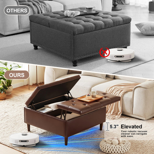 Weture 35 Inch Large Leather Storage Ottoman with Lift Top &Tufted Upholstered - Brown