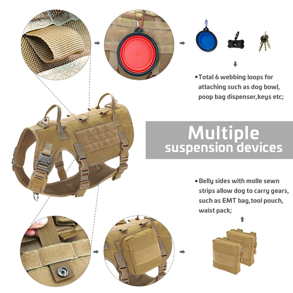 Forestpaw No Pull Tactical Dog Harness Set, Adjustable for Medium Large Dogs - Khaki M