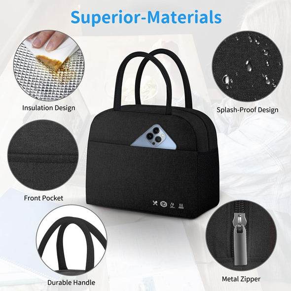 Lunch Bag Lunch Box for Women Men Reusable Insulated Lunch Tote Bag, Handbags Case High Capacity for Travel Work Picnic,Black