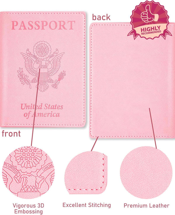 Leather Passport Holder Covers Case, Passport Book Wallet Card Slot Luggage Tag, International Travel Must Haves Travel Accessories for Women Men, Cruise Ship Essentials, Travel Gifts, Pink