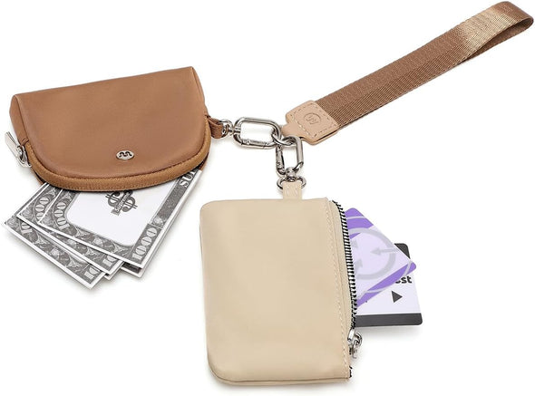 Mini Zip around Wristlet Wallet for Women Detachable Dual Pouch Wristlet Portable Coin Pocket Keychain Small Purse (Khaki+Brown)