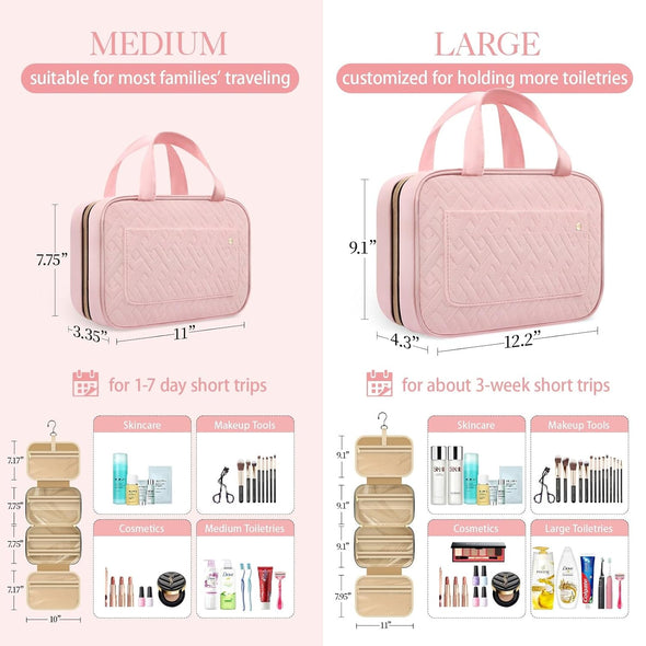 Travel Toiletry Bag for Women with Hanging Hook - Portable Cosmetic Case, Toiletry Bag for Traveling Women, Waterproof Travel Essentials, Pink