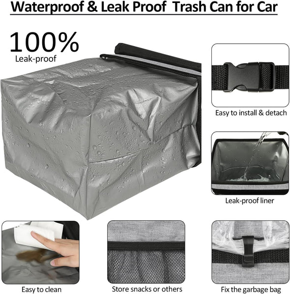 Car Trash Can Bin for Back Seat Leak Proof, Cute Trash Bag Hanging, for SUV Truck Van, Automotive Vehicle Garbage Cans Front Seat Grey