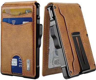 Wallet for Men - with Money Clip Slim Leather Slots Credit Card Holder RFID Blocking Bifold Minimalist Wallet (Brown)