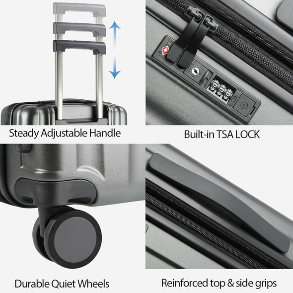 Hardside Expandable Carry on Luggage with Spinner Wheels & Built-In TSA Lock, Durable Suitcase Rolling Luggage with USB Port, Carry-On 20-Inch, Steel Grey