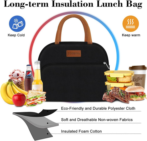 Lunch Box Lunch Bag for Women Adults Men, Reusable Cute Lunch Pail Bag - Leakproof, Insulated Lunch Box Tote with Large Capacity, Cooler Lunch Container for Work/Travel/Office (Black)