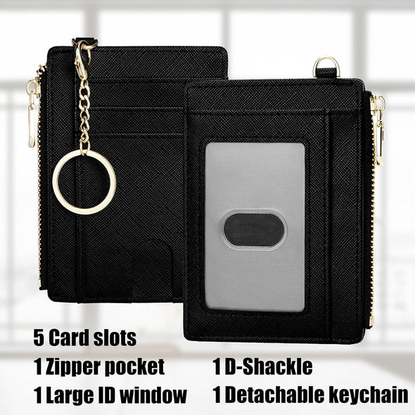 Slim Pocket Wallet, RFID Blocking Credit Card Holder Wallet with D-Shackle ID Window and Detachable Keychain for Women (A-Black)