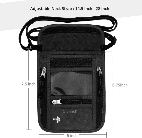 Passport Holder Neck Pouch Travel Wallet for Women and Men, RFID Blocking Security Slim Traveling Wallet with around Neck Lanyard Strap