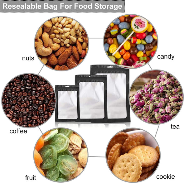 300 Pack 3 Sizes Resealable Mylar Bags Food Storage Smell Proof Bags with Front Window Packaging Pouch for Sample Snack Cookies Jewelry (Black, 3 X 4.7 Inch,4 X 6 Inch,4.7 X 7.9 Inch)