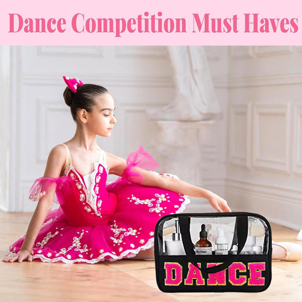 Chenille Letter Dance Bag Dance Recital Gifts for Dance Teacher Clear Ballet Dance Makeup Bag with Handle and Zipper Waterproof Nylon Portable Toiletry Bag, Dance Competition Must Haves